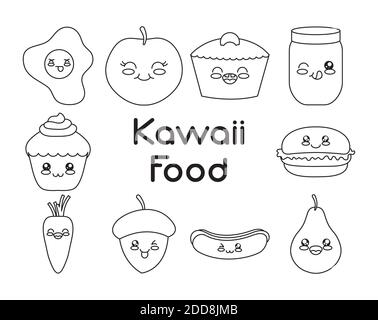 Icon-Set von Kawaii Essen auf weißem Hintergrund, Linienstil, Vektor-Illustration Stock Vektor