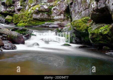 Nahaufnahme einer kleinen Kaskade auf einem Gebirgsfluss, der durch die enge, rote Felsenschlucht mit Felsen fließt, die von grünem, herbstfarbenem Moos bedeckt sind Stockfoto