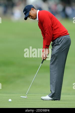 KEIN FILM, KEIN VIDEO, KEIN Fernsehen, KEINE DOKUMENTATION - US-Teammitglied Tiger Woods puttet am 8. Oktober 2009 während der ersten Runde des President's Cup 2009 auf dem Harding Park Golf Course in San Francisco, CA, USA, auf das dritte Loch. Foto von Jose Carlos Fajardo/Contra Costa Times/MCT/Cameleon/ABACAPRESS.COM Stockfoto