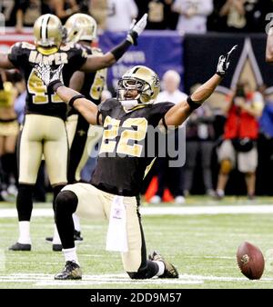 KEIN FILM, KEIN VIDEO, KEIN TV, KEIN DOKUMENTARFILM - New Orleans Eckpfeiler Tracy Porter feiert seine Abfangen eines Passes durch Minnesota Vikings Quarterback Brett Favre Pass während des vierten Quartals der NFC Championship im Superdome in New Orleans, LA, USA am 24. Januar 2010. News Orleans Saints gewann 31-28. Foto von John Fitzhugh/Biloxi Sun-Hearld/MCT/Cameleon/ABACAPRESS.COM Stockfoto