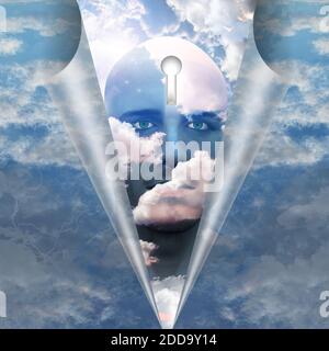 Mann mit Wolken malen und Schlüsselloch im Kopf. 3D-Rendering Stockfoto