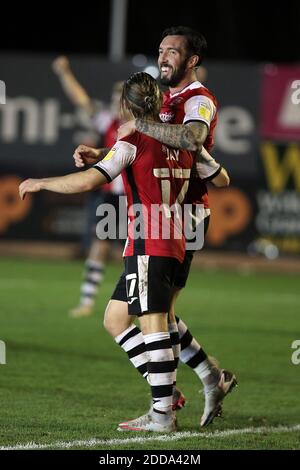 Exeter, Großbritannien. November 2020. Ryan Bowman von Exeter City feiert seinen Hattrick während des EFL Sky Bet League 2-Spiels zwischen Exeter City und Colchester United am 24. November 2020 im St James' Park, Exeter, England. Foto von Dave Peters. Nur redaktionelle Verwendung, Lizenz für kommerzielle Nutzung erforderlich. Keine Verwendung bei Wetten, Spielen oder Veröffentlichungen einzelner Vereine/Vereine/Spieler. Kredit: UK Sports Pics Ltd/Alamy Live Nachrichten Stockfoto