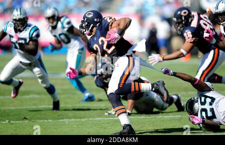 KEIN FILM, KEIN VIDEO, KEIN Fernsehen, KEINE DOKUMENTATION - Carolina Panthers' Jordan Pugh (29) greift nach Chicago Bears' Matt Forte (22) IM 3. Quartal während des NFL American Football Spiels, Carolina Panthers gegen Chicago Bears im Bank of America Stadium in Charlotte, NC, USA am 10. Oktober 2010. Foto von David T. Foster III/Charlotte Observer/MCT/Cameleon/ABACAPRESS.COM Stockfoto