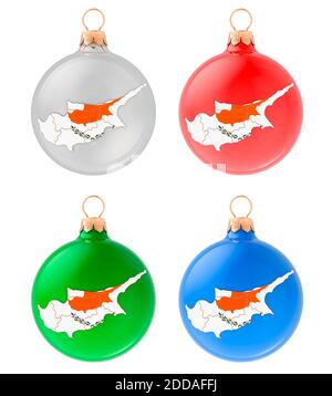 Weihnachtskugeln mit Zypern-Karte, 3D-Rendering isoliert auf weißem Hintergrund Stockfoto