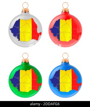 Weihnachtskugeln mit rumänischer Karte, 3D-Rendering isoliert auf weißem Hintergrund Stockfoto