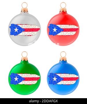 Weihnachtskugeln mit Puerto Rican Karte, 3D-Rendering isoliert auf weißem Hintergrund Stockfoto