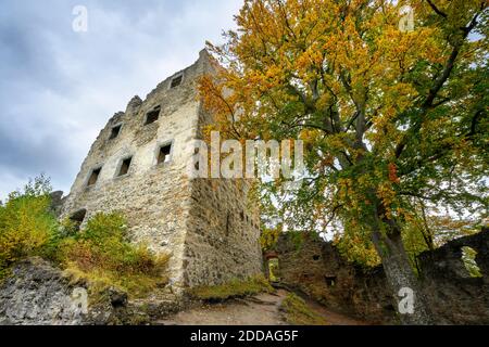 Deutschland, Baden-Württemberg, Bodman-Ludwigshafen, Ruinen der Burg Altbodman im Herbst Stockfoto