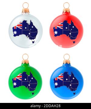 Weihnachtskugeln mit australischer Karte, 3D-Rendering isoliert auf weißem Hintergrund Stockfoto