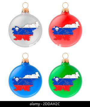 Weihnachtskugeln mit slowenischer Karte, 3D-Rendering isoliert auf weißem Hintergrund Stockfoto