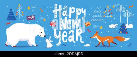 Happy New Year Social Media Banner im nordischen skandinavischen handgezeichneten Stil mit niedlichen Tieren. Stock Vektor