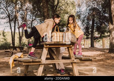 Mädchen mit Korbkörben am Picknicktisch im Park Stockfoto