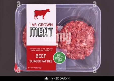 Lab gezüchtetem Fleisch Konzept für künstliche in vitro-Zelle Kultur Fleischproduktion mit gepackten rohen Burger Patties mit Made Aufdruck Stockfoto