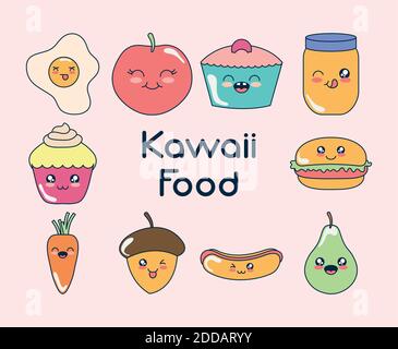 Icon Set von Kawaii Essen auf rosa Hintergrund, flachen Stil, Vektor-Illustration Stock Vektor