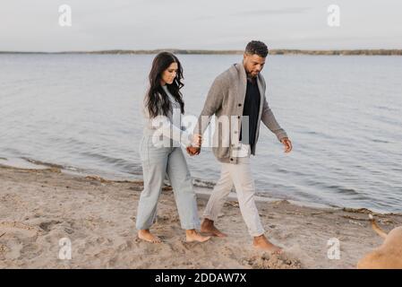 Mann und Frau halten die Hände, während sie mit Hund vorbei gehen see Stockfoto