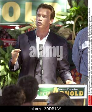 KEIN FILM, KEIN VIDEO, KEIN FERNSEHEN, KEIN DOKUMENTARFILM - © DOUG DURAN/KRT/ABACA. 49459-1. Sacramento-CA-USA, 06/09/2003. Der kalifornische Gouverneurskandidat Arnold Schwarzenegger spricht eine Menschenmenge an, nachdem er vom California Farm Bureau unterstützt wurde. Stockfoto