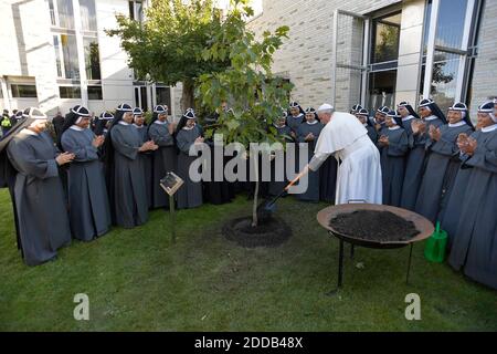 Papst Franziskus besucht das Kloster der Brigidinen Schwestern im Bezirk Pirita in Tallinn, Estland am dritten Tag seiner Baltischen Reise, am 25. September 2018. Der Papst pflanzte eine Eiche im Garten des Klosters. Foto von ABACAPRESS.COM Stockfoto