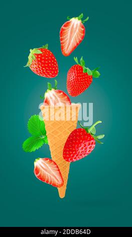 Isolierter Eiskegel mit Früchten in der Luft. Fallende Erdbeeren isoliert auf grünem Hintergrund mit Clipping-Pfad als Paket Design-Element und adv Stockfoto