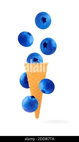 Isolierter Eiskegel mit Früchten in der Luft. Fallende Heidelbeeren isoliert auf weißem Hintergrund mit Beschneidungspfad als Paket Design-Element und adve Stockfoto