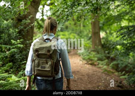 Ältere Frau, die mit Rucksack im Wald spazierengeht Stockfoto