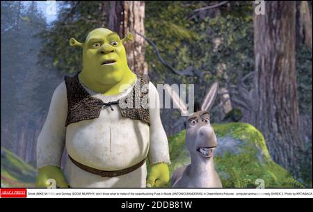 KEIN FILM, KEIN VIDEO, KEIN TV, KEIN DOKUMENTARFILM - Shrek (MIKE MYERS) und Donkey (EDDIE MURPHY) wissen nicht, was sie aus dem verschnallten Kater in Boots (ANTONIO BANDERAS) in DreamWorks Pictures Computer-animierter Komödie SHREK 2 machen sollen. Foto von KRT/ABACA. Stockfoto