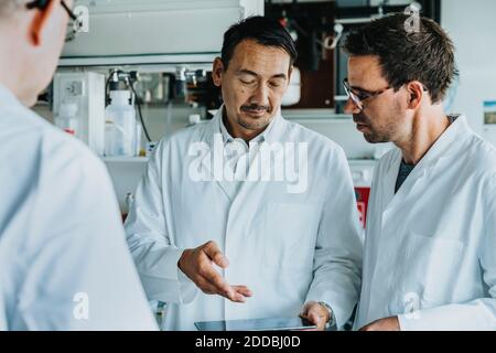 Männliche Wissenschaftler, die digitale Tablette während des Stehens im Labor verwenden Stockfoto