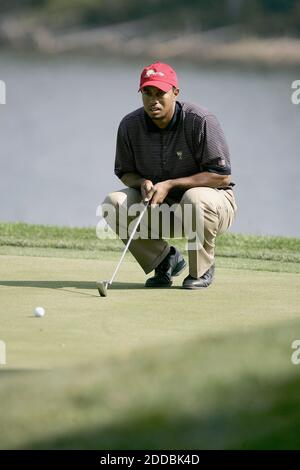 KEIN FILM, KEIN VIDEO, KEIN Fernsehen, KEINE DOKUMENTATION - US-Teammitglied Tiger Woods reiht sich am 22. September 2005 im Robert Trent Jones Golf Club in Gainesville, USA, einen Putt auf das 9. Loch während der Wechselspiele für den Presidents Cup ein. Foto von Chuck Kennedy/KRT/Cameleon/ABACAPRESS.COM Stockfoto