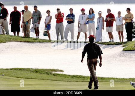 KEIN FILM, KEIN VIDEO, KEIN Fernsehen, KEINE DOKUMENTATION - US-Teammitglied Tiger Woods läuft an der Zuschauergalerie vorbei zum 11. Loch während der Wechselspiele für den Presidents Cup, im Robert Trent Jones Golf Club in Gainsville, USA, am 22. September 2005. Foto von Chuck Kennedy/KRT/Cameleon/ABACAPRESS.COM Stockfoto