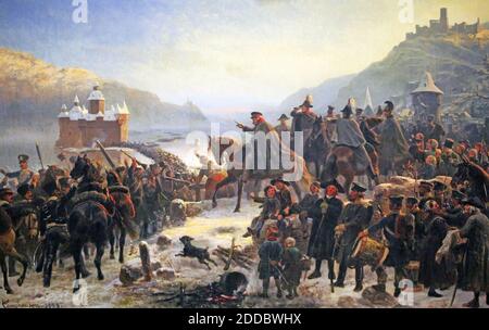 WILHELM CAMPHAUSEN (1818-1885) deutscher Künstler. Dieses Gemälde aus dem Jahr 1859 zeigt General Gebhard von Blücher und die erste Armee Schlesiens, die am 1. Januar 1814 bei Kaub den Rhein überquerte, um der französischen Armee zu folgen. Stockfoto