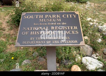 Fairplay, Colorado - 16. September 2020: Markierung für das South Park City Museum im National Register of Historic Places Stockfoto