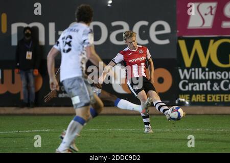 Exeter, Großbritannien. November 2020. Jack Sparkes von Exeter City während des EFL Sky Bet League 2 Spiels zwischen Exeter City und Colchester United im St James' Park, Exeter, England am 24. November 2020. Foto von Dave Peters. Nur redaktionelle Verwendung, Lizenz für kommerzielle Nutzung erforderlich. Keine Verwendung bei Wetten, Spielen oder Veröffentlichungen einzelner Vereine/Vereine/Spieler. Kredit: UK Sports Pics Ltd/Alamy Live Nachrichten Stockfoto