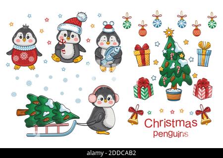 Niedliche Weihnachten Pinguin Vektor-Set. Baby Tiere im Neujahrshut mit Geschenkschachteln, Weihnachtsbaum und Dekoration. Cartoon Kollektion Elemente auf weiß Stock Vektor