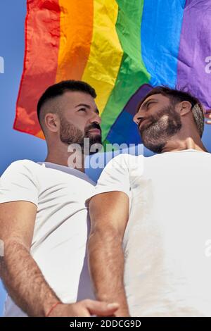 Gutaussehend Gay Paar unter Regenbogenfahne stehen Stockfoto