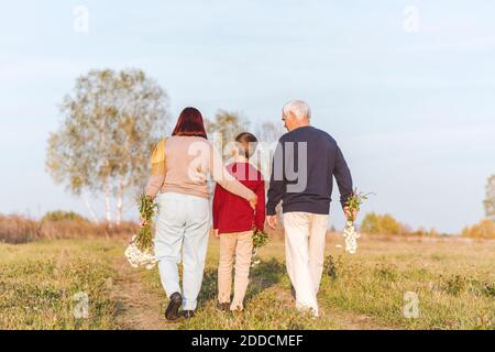 Ältere Paar zu Fuß mit Enkel auf dem Feld Stockfoto