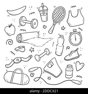 Handgezeichnetes Fitness-Set, Fitnessgeräte, Lifestyle-Konzept für Aktivitäten. Doodle-Skizzenstil. Sportelement mit digitalem Pinselstift gezeichnet. Abbildung für Symbol, Rahmen, Hintergrund. Stock Vektor