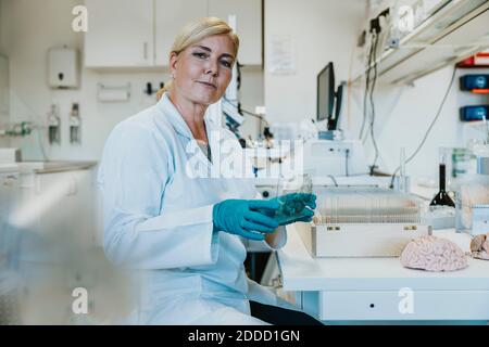 Frau studiert menschliche Gehirn Mikroskop Folie, während im Labor sitzen Stockfoto