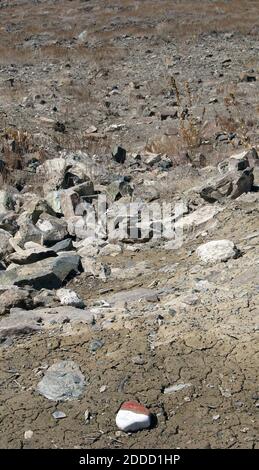 KEIN FILM, KEIN VIDEO, KEIN FERNSEHEN, KEIN DOKUMENTARFILM - UNDATIERT. Ein Felsen markiert den Rand eines Gebietes, das auf Landminen innerhalb von Yards einer Reihe von alten Gebäuden, die in MES Aynak, Afghanistan ausgegraben werden, überprüft wurde. Ein örtlicher Arbeiter, der an der archäologischen Stätte arbeitet, wurde letztes Jahr verletzt, als er versehentlich eine Mine auslöste, die von russischen Besatzern zurückgelassen wurde. Foto von Jay Price/MCT/ABACAPRESS.COM Stockfoto