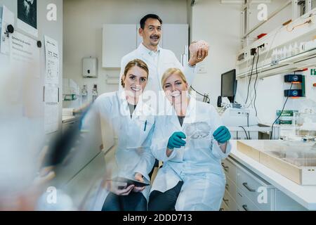 Team von Wissenschaftlern hält Glasprobe und Anatomie des Menschen Gehirn im Labor Stockfoto