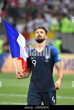 Frankreichs Olivier Giroud feiert nach dem Gewinn 4-2 des FIFA-Weltcupfinalspiels 2018 Frankreich gegen Kroatien am 15. Juli 2018 im Luschniki-Stadion in Moskau, Russland. Foto von Christian Liewig/ABACAPRESS.COM Stockfoto