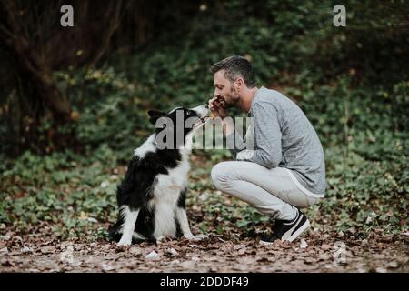 Mann, der mit Hund spielt, während er im öffentlichen Park hockend Stockfoto