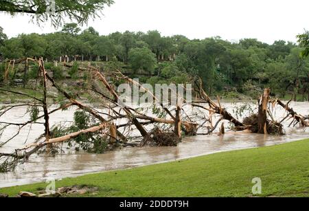 KEIN FILM, KEIN VIDEO, KEIN Fernsehen, KEIN DOKUMENTARFILM - am Ufer des Blanco River in Wimberley, Texas, USA, werden nach der Flut am Sonntag, 24. Mai 2015 große Bäume zerstört. Foto von Jay Janner/Austin American-Statesman/TNS/ABACAPRESS.COM Stockfoto