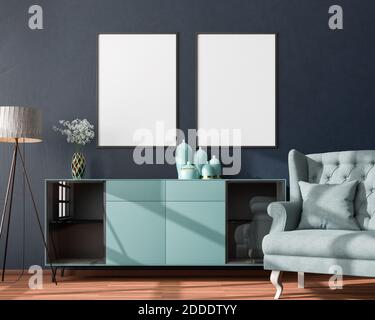 Innenansicht Mockup Szene: Türkisfarbenes Sideboard mit Blumen und Vasen auf der Oberseite. Zwei leere Bilderrahmen (70x100cm). Sessel und Stehleuchte auf hart Stockfoto