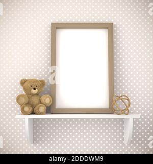 Leerer Bilderrahmen-Mockup im Kinderzimmer mit Teddybär und Spielzeug auf einem Regal. Stockfoto