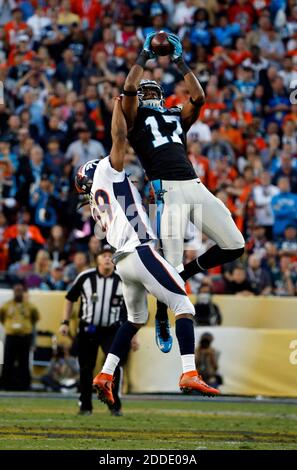 KEIN FILM, KEIN VIDEO, KEIN Fernsehen, KEINE DOKUMENTATION - Carolina Panthers Wide Receiver Devin Funchess (17) zieht in der ersten Hälfte des Super Bowl 50 im Levi's Stadium in Santa Clara, CA, USA, am Sonntag, den 7. Februar 2016 einen Pass über den Denver Broncos' Bradley Roby (29). Die Broncos gewannen, 24-10. Foto von Nhat V. Meyer/Bay Area News Group/TNS/ABACAPRESS.COM Stockfoto