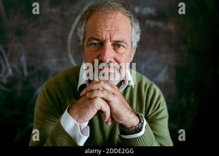 Reifer Mann mit der Hand auf dem Kinn sitzt gegen Tafel an Zu Hause Stockfoto