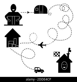 Symbole für Logistikkette für Liefersystem, Post, Kurier. Paketverfolgung, avia Versand, glückliche Kunden Silhouetten. Vektorgrafiken isoliert. Route gepunktete Linie, Lagerhaus, Auto, Zielflagge Stock Vektor