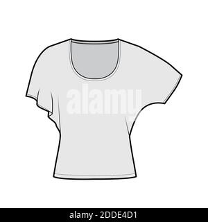 Shirt mit mittleren Fledermausärmeln technische Mode-Illustration mit Relax-Passform, unter Taille Länge, Rundhals-Ausschnitt. Flatwear Bluse Schablone vorne, grau. Frauen Männer Unisex Hemd CAD mockup Stock Vektor