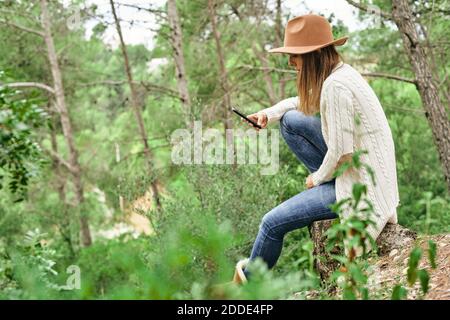 Frau mit Smartphone während sitzen inmitten von Grünpflanzen und Bäume im Wald Stockfoto