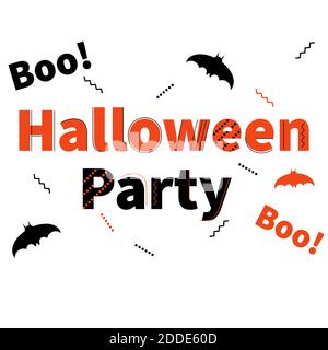 Halloween Party einfache geometrische Banner Vorlage. Veranstaltungseinladung, Flyer, Flugblatt mit Fledermäusen, Linien, Boo und Zickzack. Schwarz und Orange. Vektor isoliert. Dekorierte Buchstaben. Feiertagsfeier im Oktober. Stock Vektor