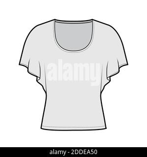 Shirt mit mittleren Fledermausärmeln technische Mode-Illustration mit Relax-Passform, unter Taille Länge, Rundhals-Ausschnitt. Flatwear Bluse Schablone vorne, grau. Frauen Männer Unisex Hemd CAD mockup Stock Vektor