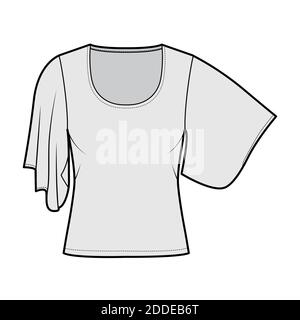 Shirt mit Ellbogen Kimono Ärmel technische Mode Illustration mit Relax-Passform, unter Taille Länge, Rundhals-Ausschnitt. Flatwear Bluse Schablone vorne, grau. Frauen Männer Unisex Hemd CAD mockup Stock Vektor